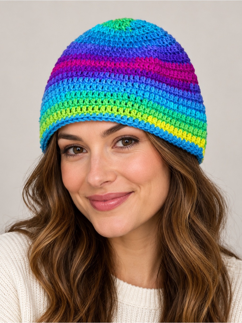 Handmade Crochet Rainbow Beanie Adult Multicolor Hat